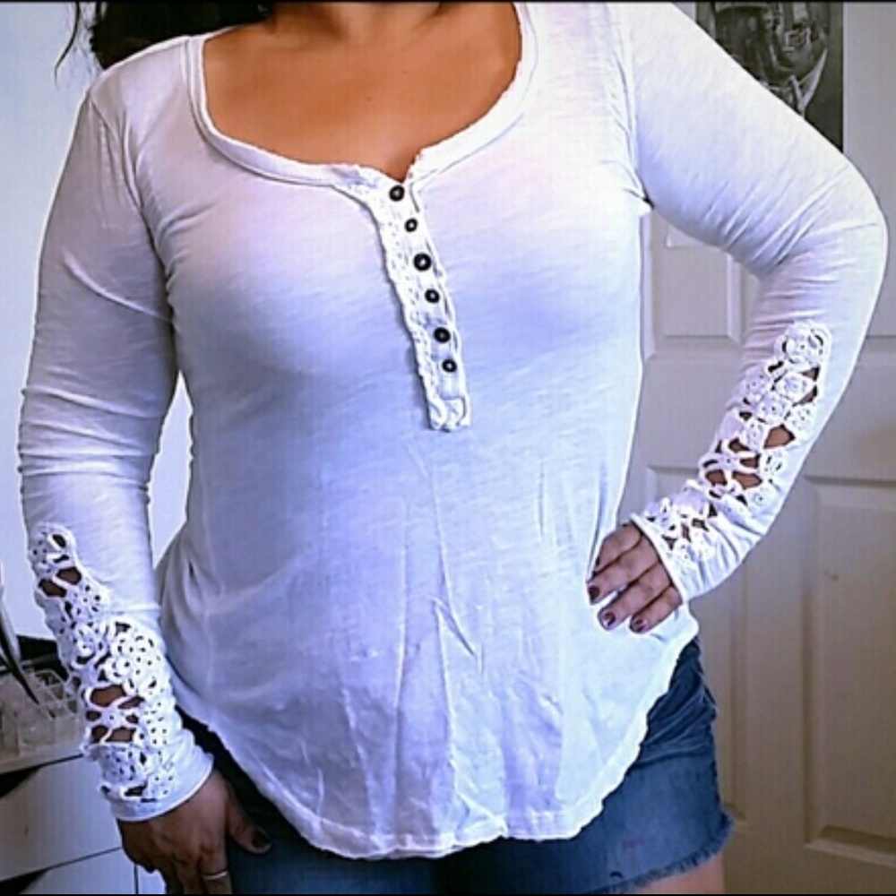 FREE PEOPLE WHITE FLOWER COCHET SLEEVES BLOUSE SP - Picture 6 of 7